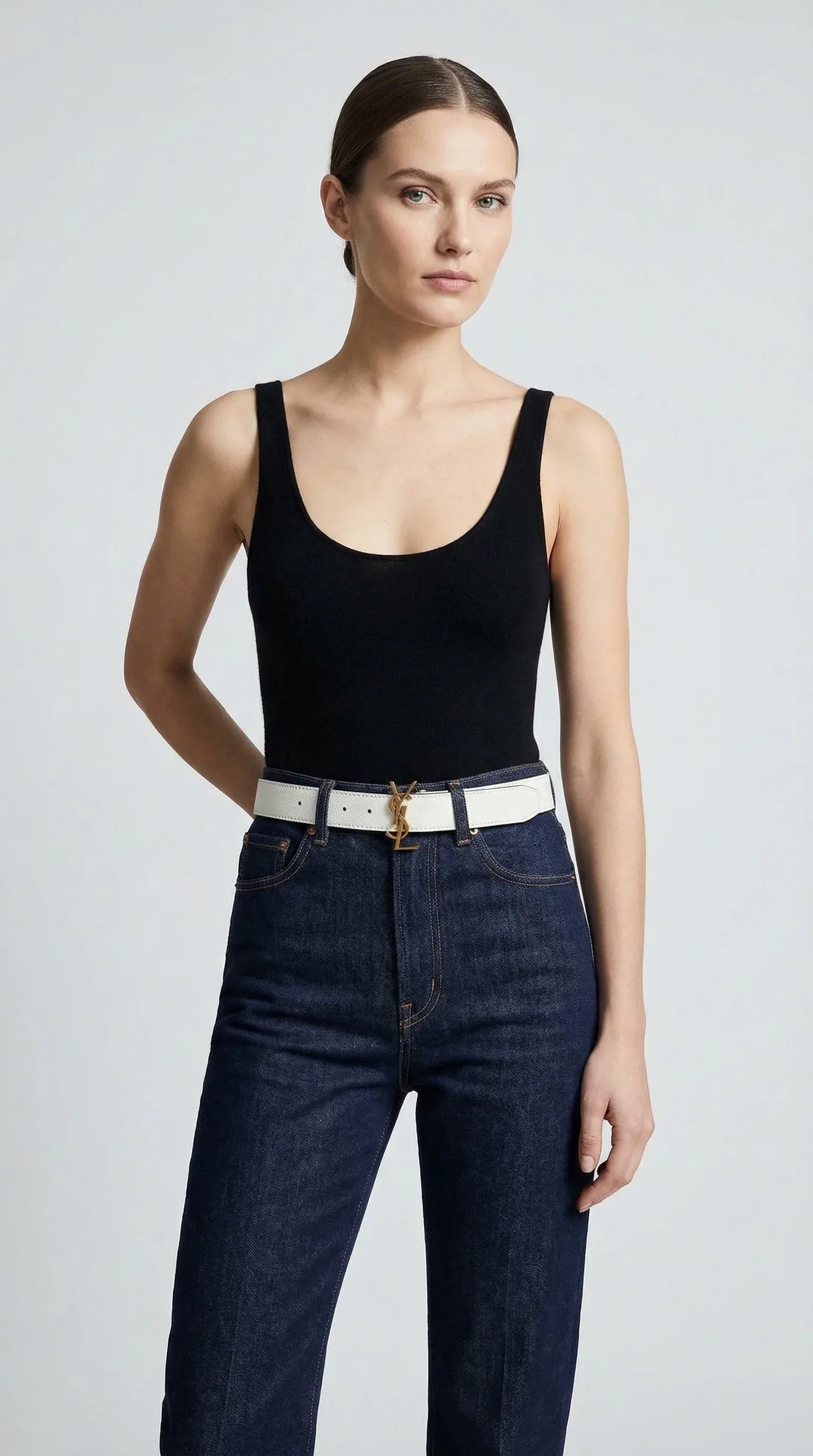 Cassandre Logo Leather Belt – White / Black (Gold Hardware) - EliteLux Outlet