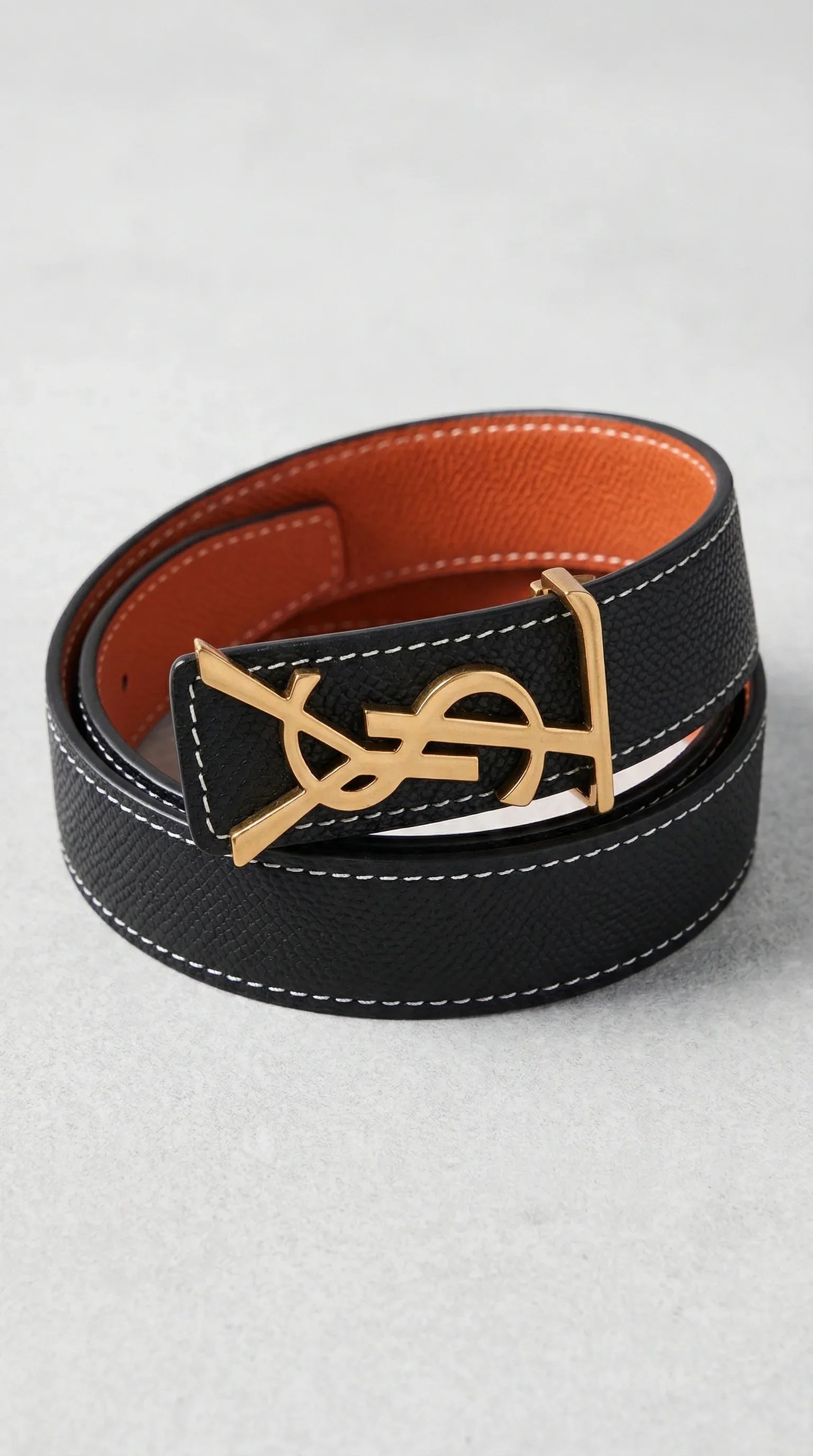 Cassandre Logo Leather Belt – Black / Orange (Gold Hardware) - EliteLux Outlet