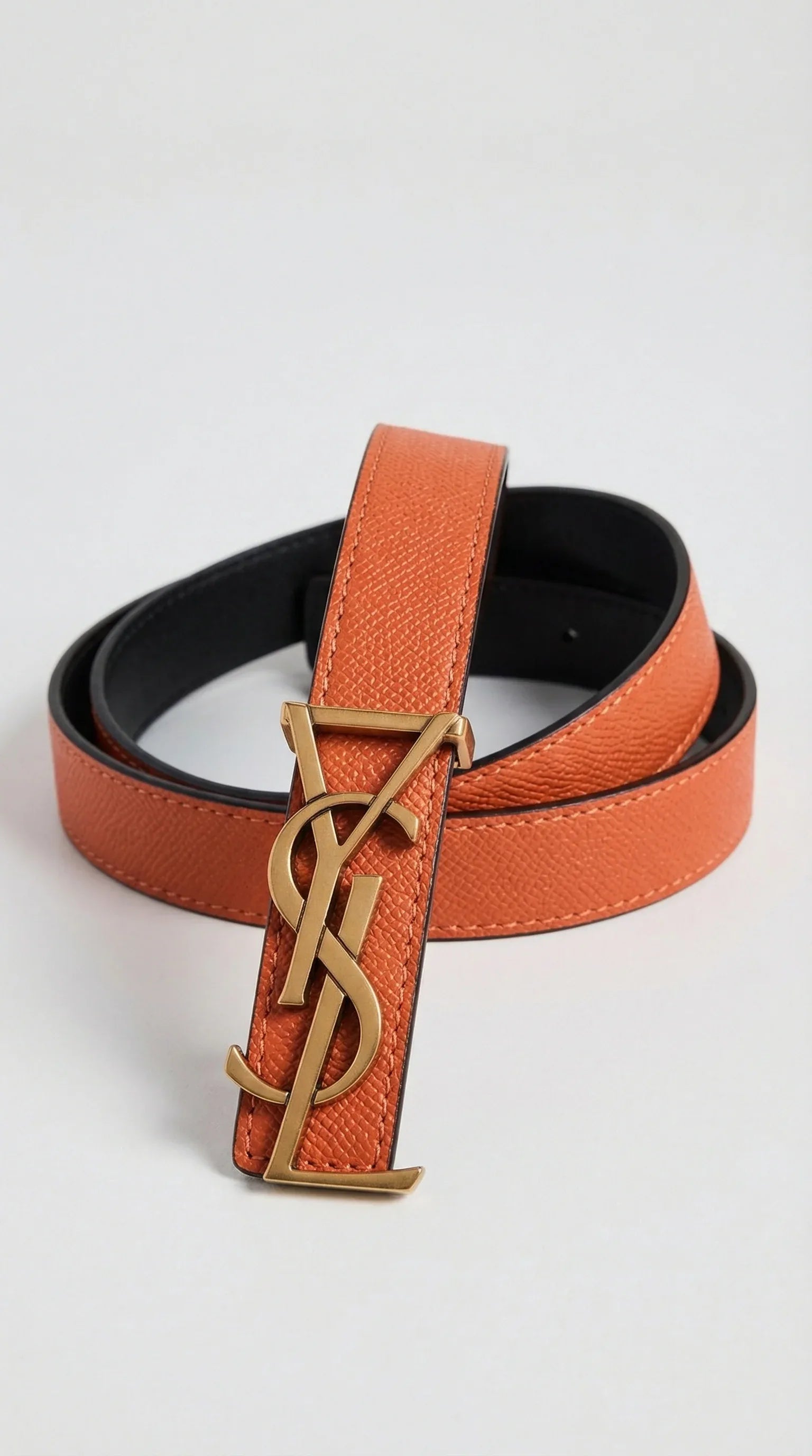 Cassandre Logo Leather Belt – Orange / Black (Gold Hardware) - EliteLux Outlet