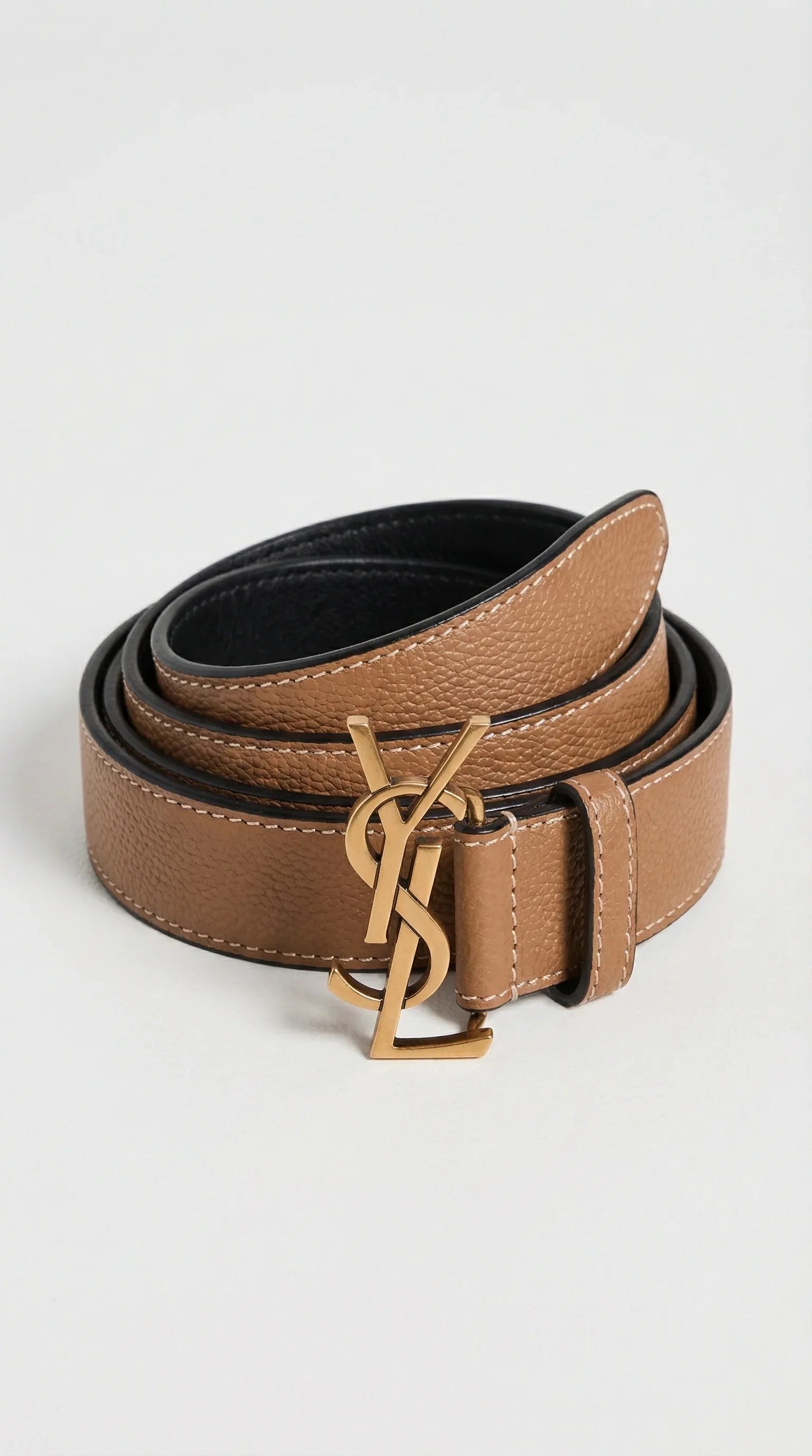 Cassandre Logo Leather Belt – Tan / Black (Gold Hardware) - EliteLux Outlet